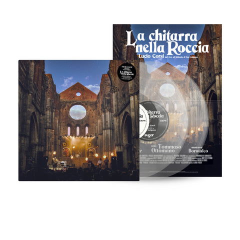 Album di Lucio Corsi La chitarra nella roccia informato doppio vinile trasparente con locandina autografata, tratto dal live a San Galgano, musica dal vivo