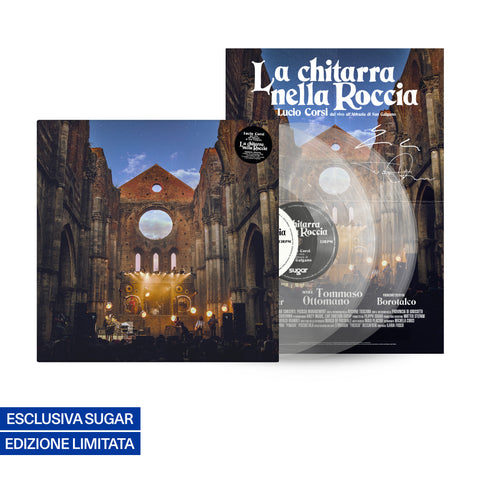 Album di Lucio Corsi La chitarra nella roccia informato doppio vinile trasparente con locandina autografata, tratto dal live a San Galgano, musica dal vivo