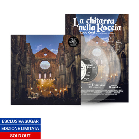 Album di Lucio Corsi La chitarra nella roccia informato doppio vinile trasparente con locandina autografata, tratto dal live a San Galgano, musica dal vivo